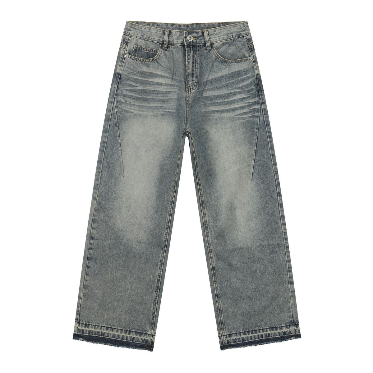 Denim Frayed Hem Washed Wide-Leg Jeans - Men's Retro Loose Straight Fit Trousers