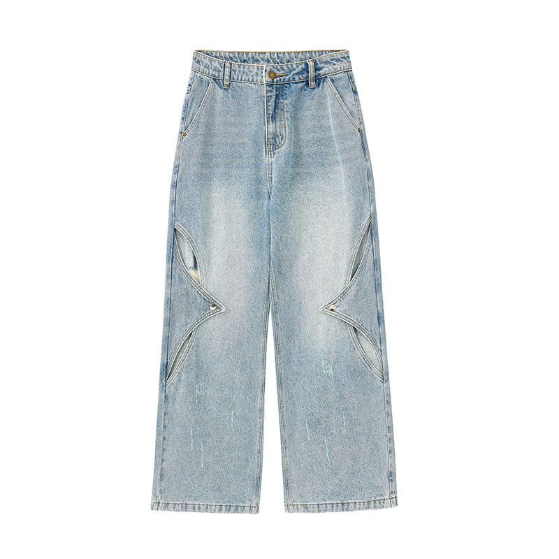Women's Patchwork Distressed Denim Pants - Loose Straight Floor-Length Trousers