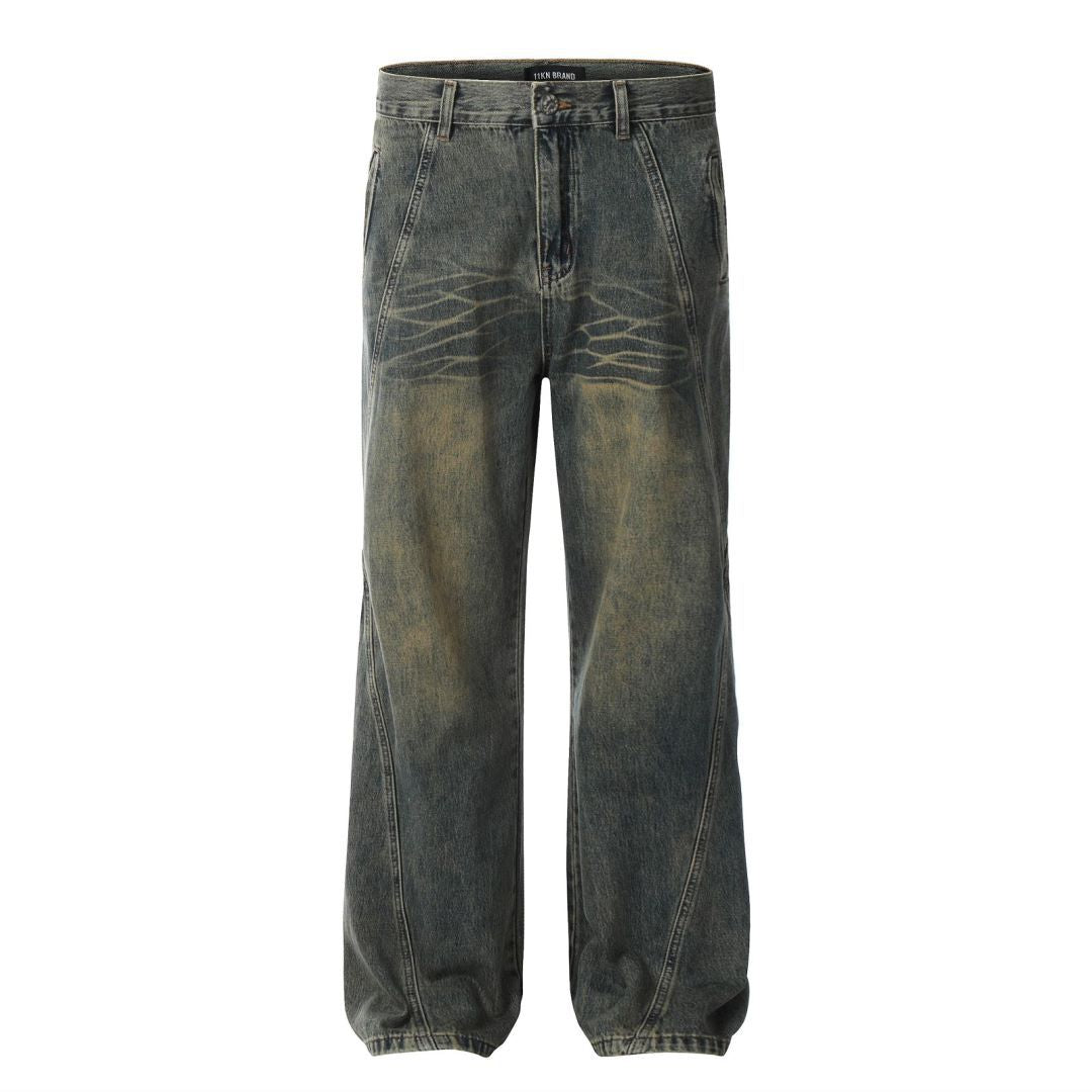 Blue Flared Jeans with Deconstructed Design - Faded  Slim Straight Casual Long Pants