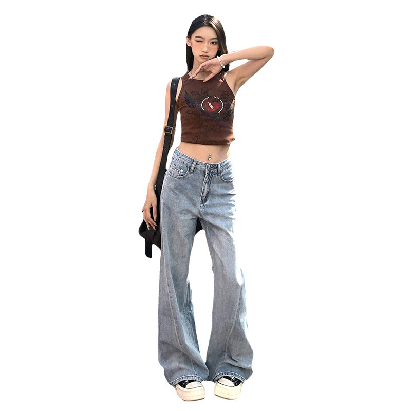 Women's Spliced Wide Leg Flared Denim Trousers