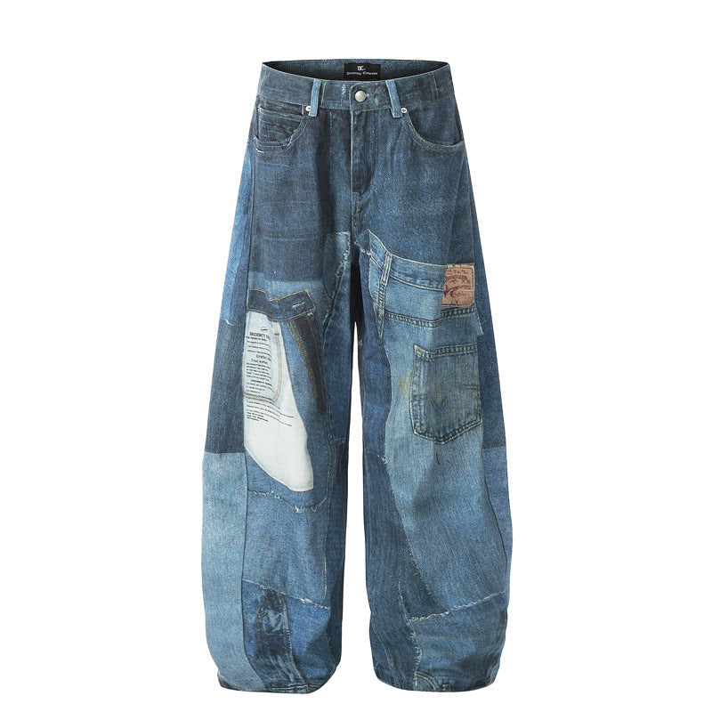 Unisex Design 3D Print Slash Denim Pants - High Street Casual Trousers