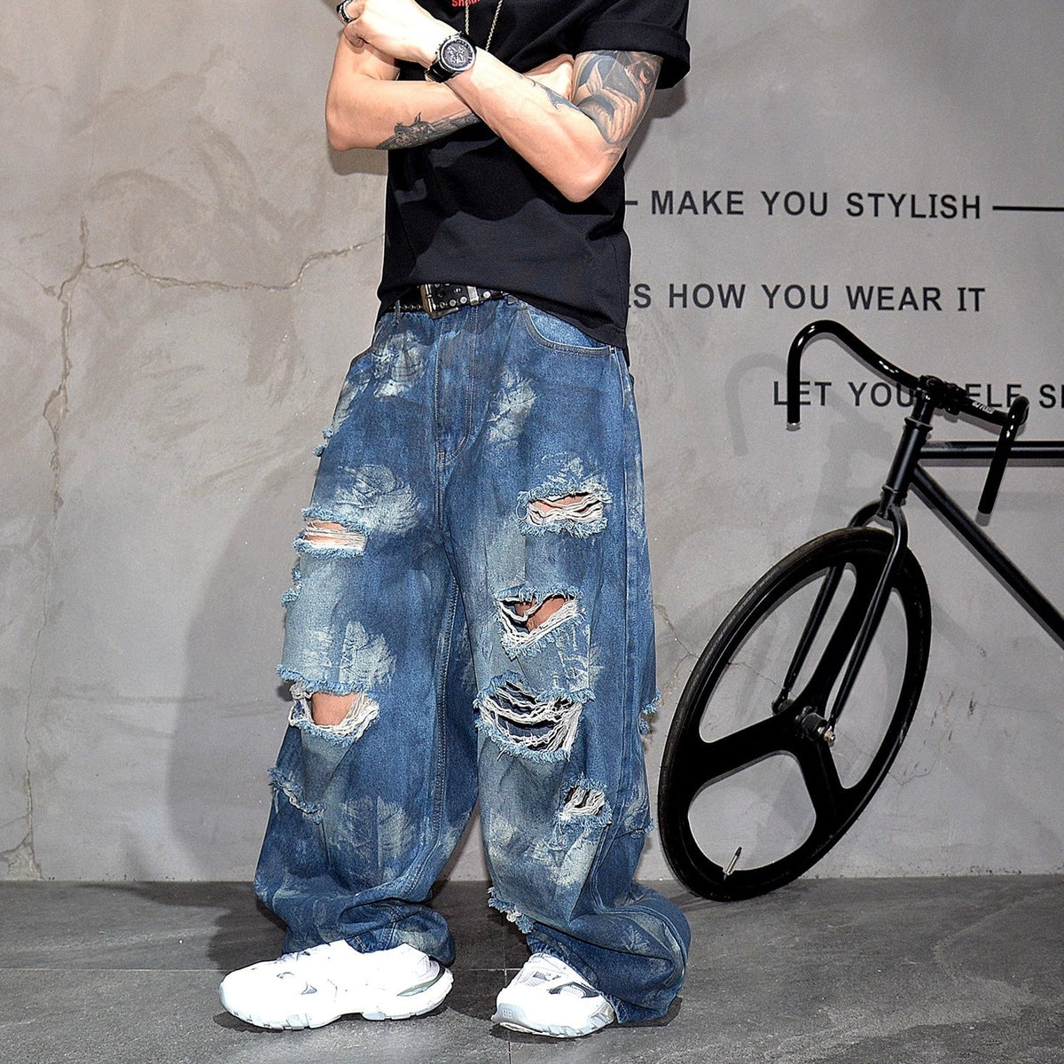 Distressed Heavy-Duty Wide Leg Loose Jeans
