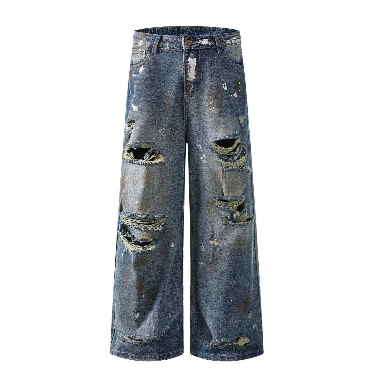 Mud Stained Denim Jeans with Holes -  Blue Pants
