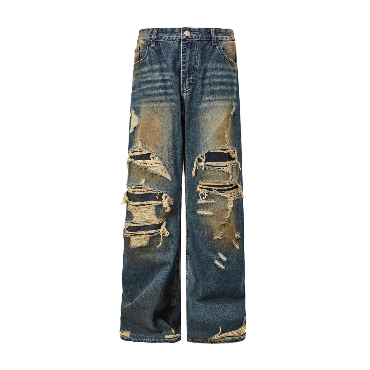 Washed Distressed Cat Whiskers Spray Dark Blue Denim Pants Unisex