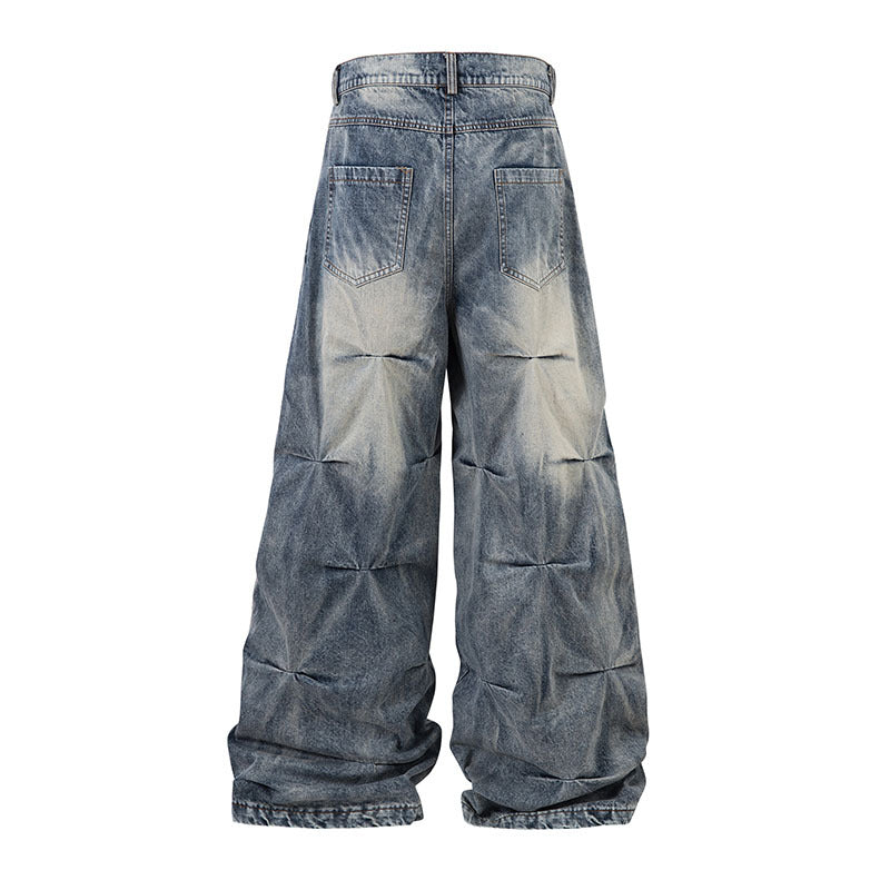 High Street Fashion Pleated Draped Denim Pants - Vintage Wide Leg Unisex