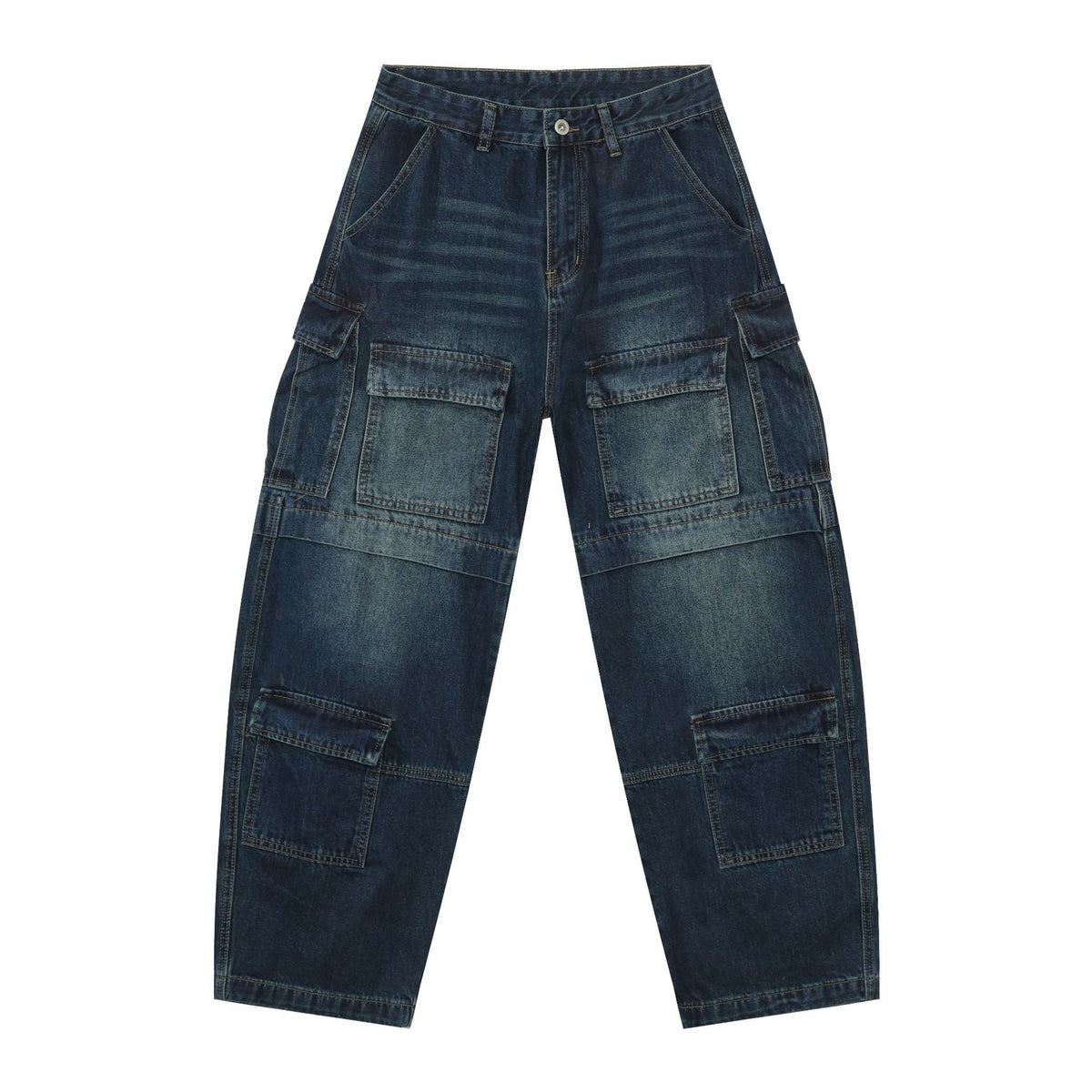 American Style Washed Patchwork Multi-Pocket Loose Straight Leg Jeans for Men