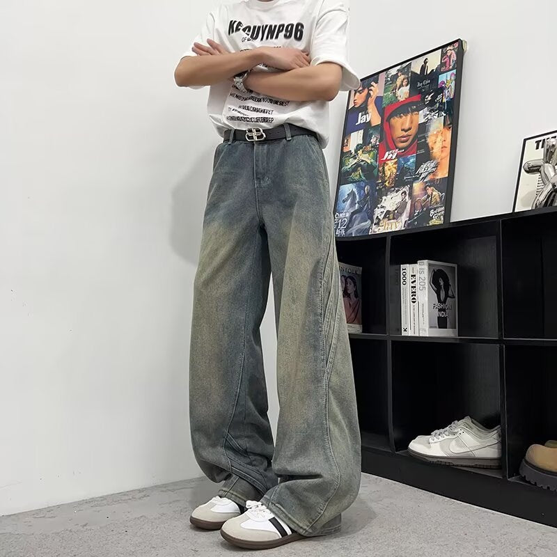 Washed Straight Leg Denim Curved Knife Wide Leg Pants