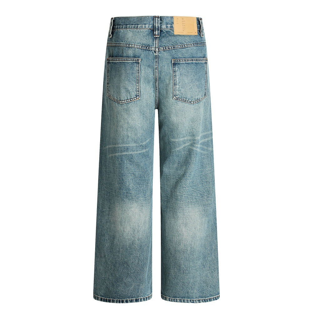 Men's Loose Faded Whitewashed Wide-Leg Denim Trousers - Street Fashion
