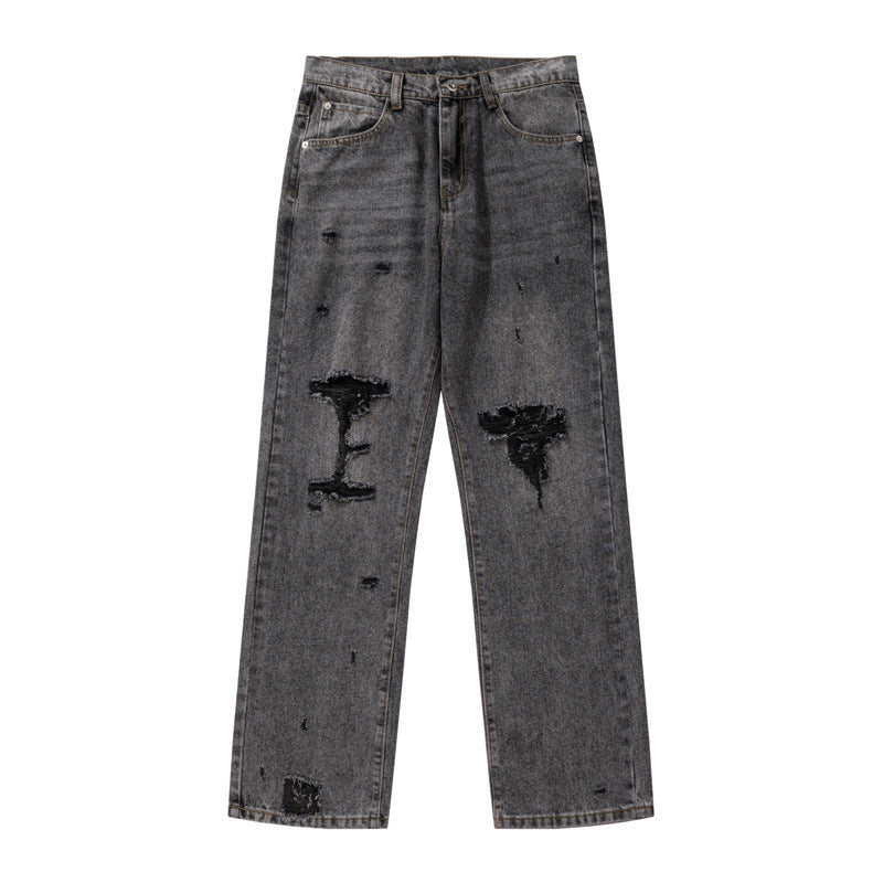 Water-Washed Black and Gray Unisex Distressed Denim Pants