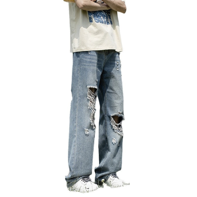 Loose Straight Leg Wide Leg Long Pants - Blue Denim