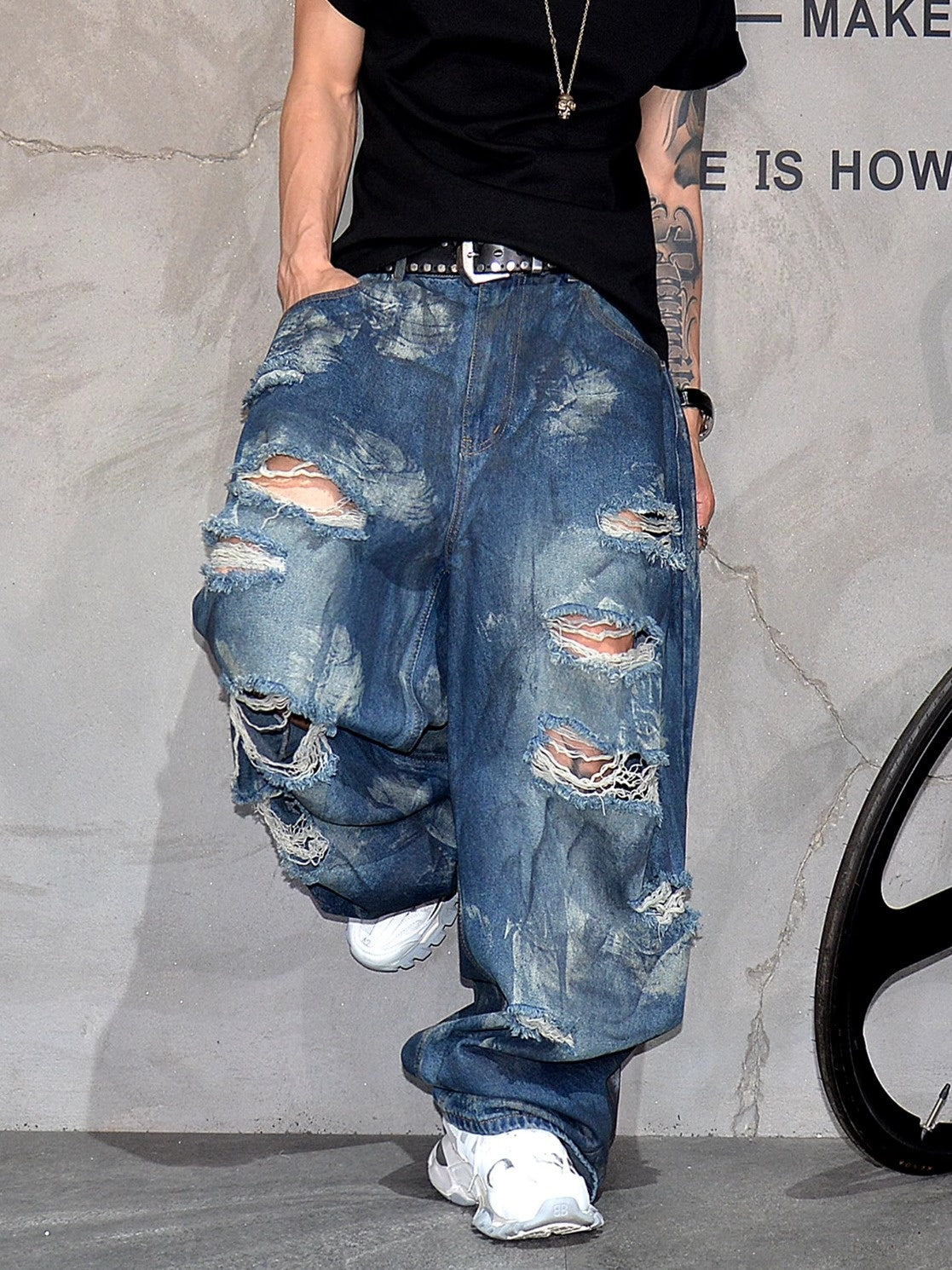 Distressed Heavy-Duty Wide Leg Loose Jeans