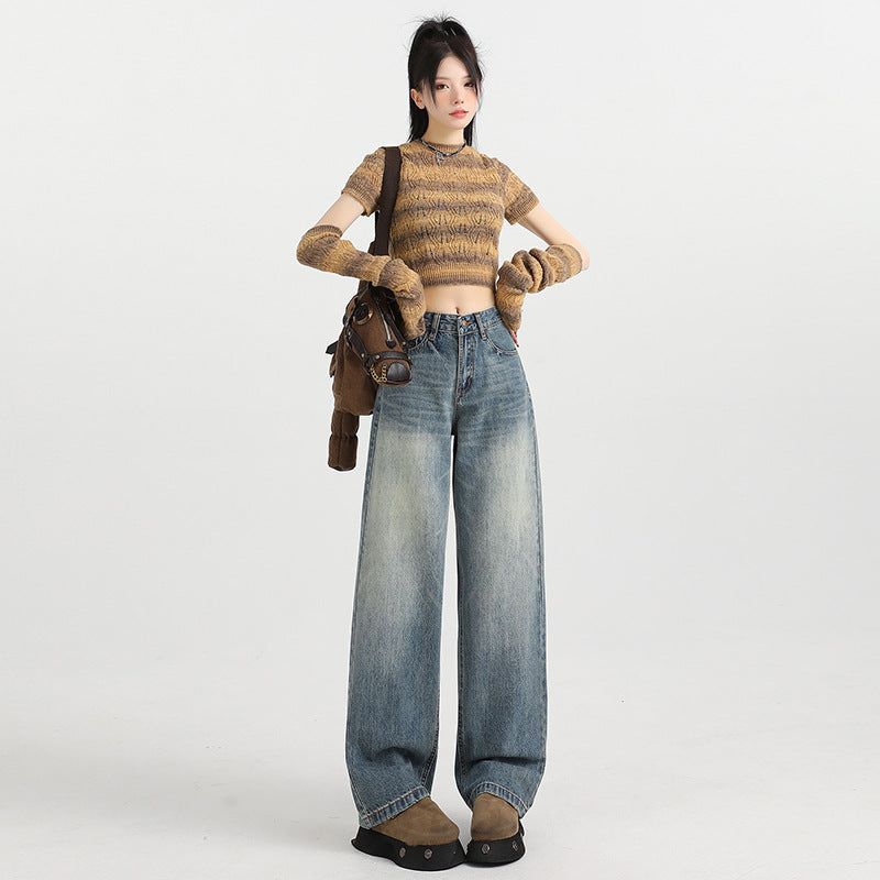 Women's Wide-Leg Jeans - High-Waist Loose Drape Straight Leg Pants