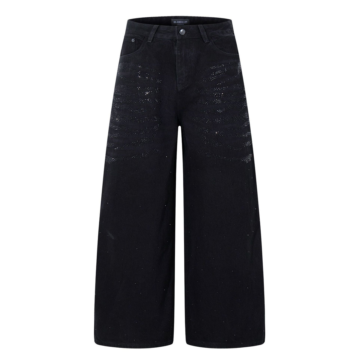Washed Rhinestone Design Denim Pants with Loose Wide Legs