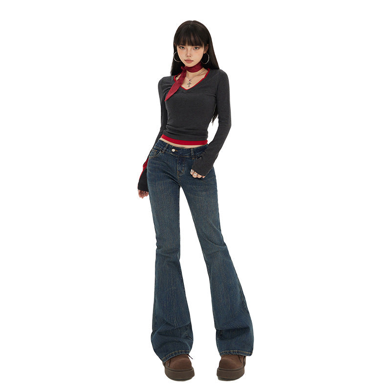 Women's Low Waist Vintage Slim Fit Elastic Skinny Girl Flare Pants