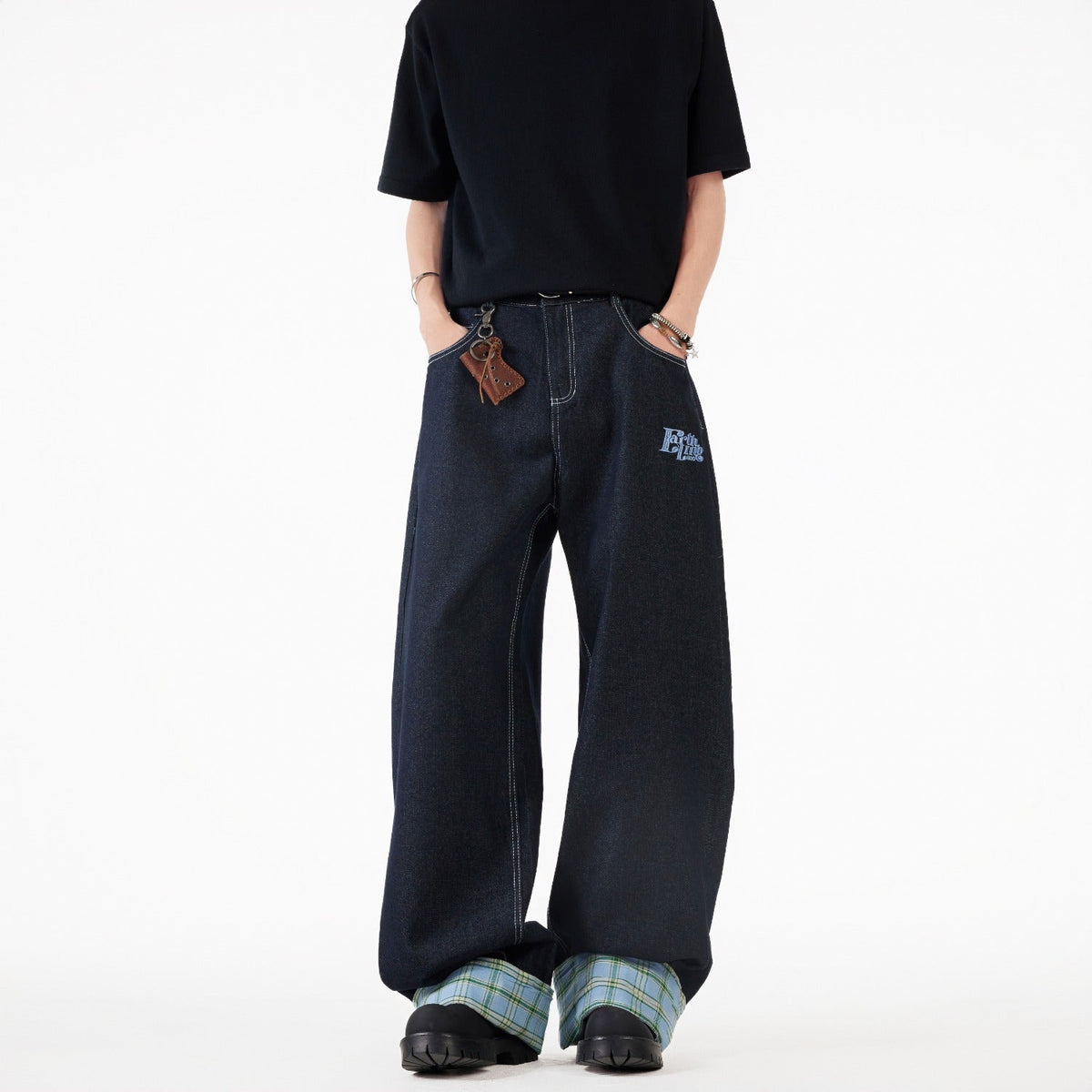 Grid Splicing Rolled Edge Jeans - Straight Leg Loose Pants