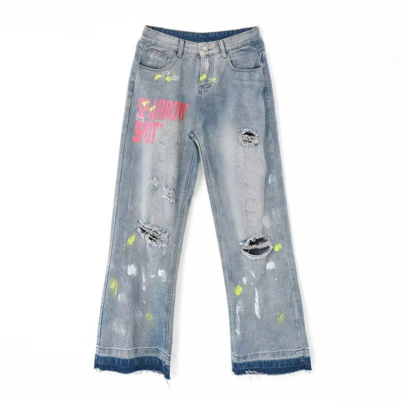 Washed Graffiti Ripped Jeans - Loose Wide Leg Pants