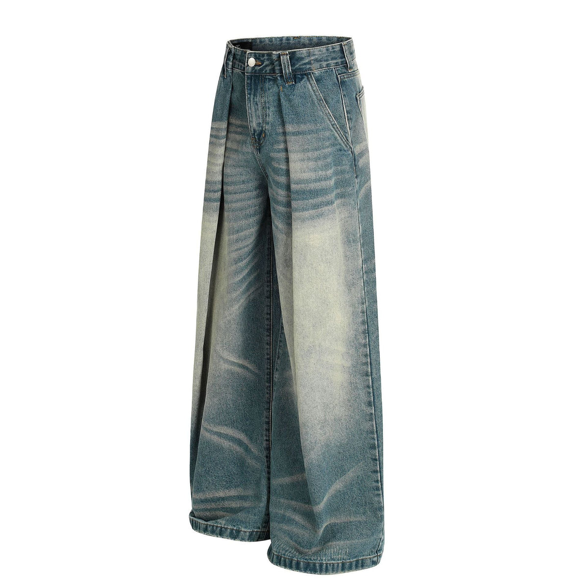 High-End Vintage Cat-Whisker Texture Pleated Design Men's Wide-Leg Casual Jeans
