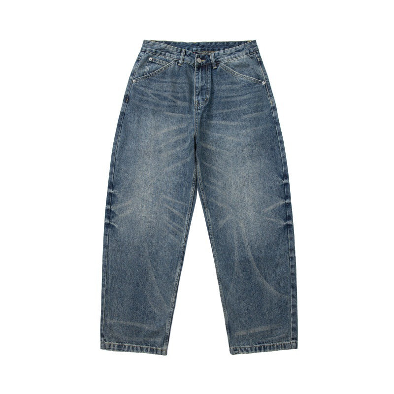Loose Vintage Washed Catwhisker Denim Tapered Casual Pants
