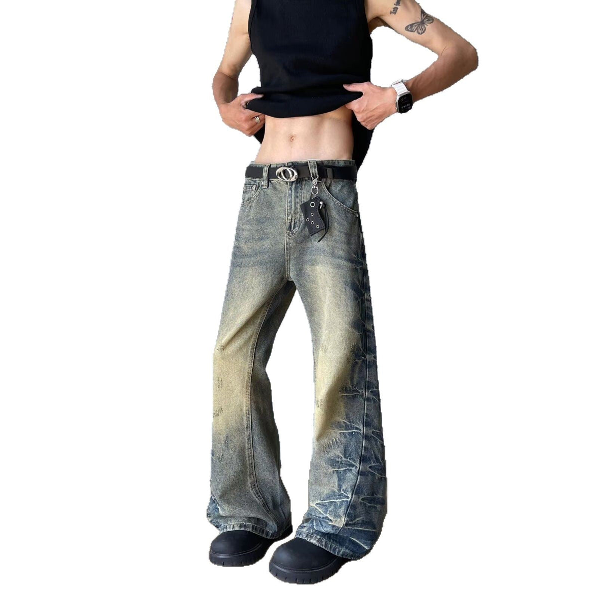 Side Pleated Flared Jeans