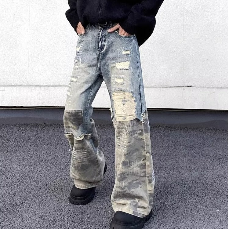 Camouflage Fashion Destructive Micro Lacquer Work Clothes Jeans