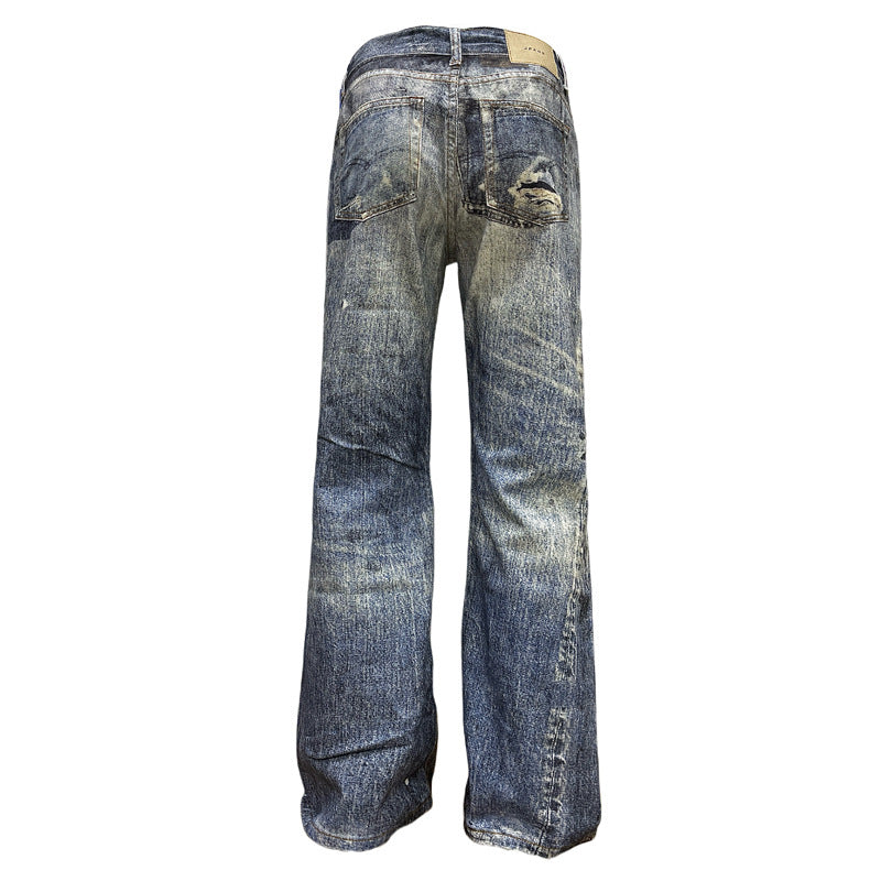 Digital Print Faded Denim Pants - Unisex Vintage Loose Straight Leg Flare Trousers
