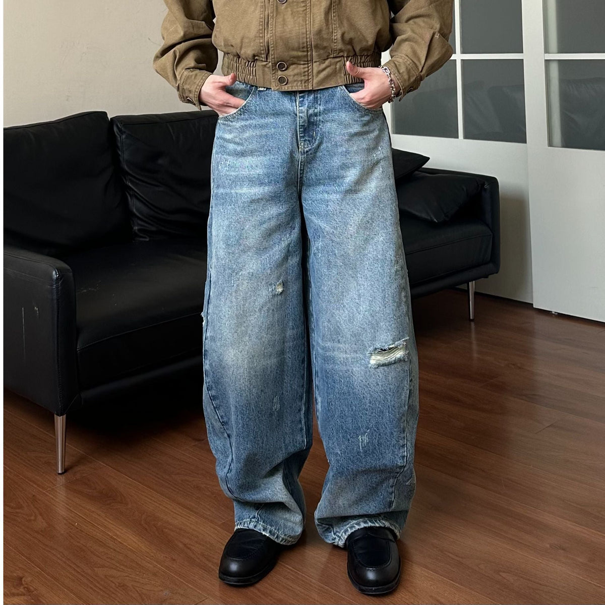 Hole Loose Tapered Wide Leg Jeans