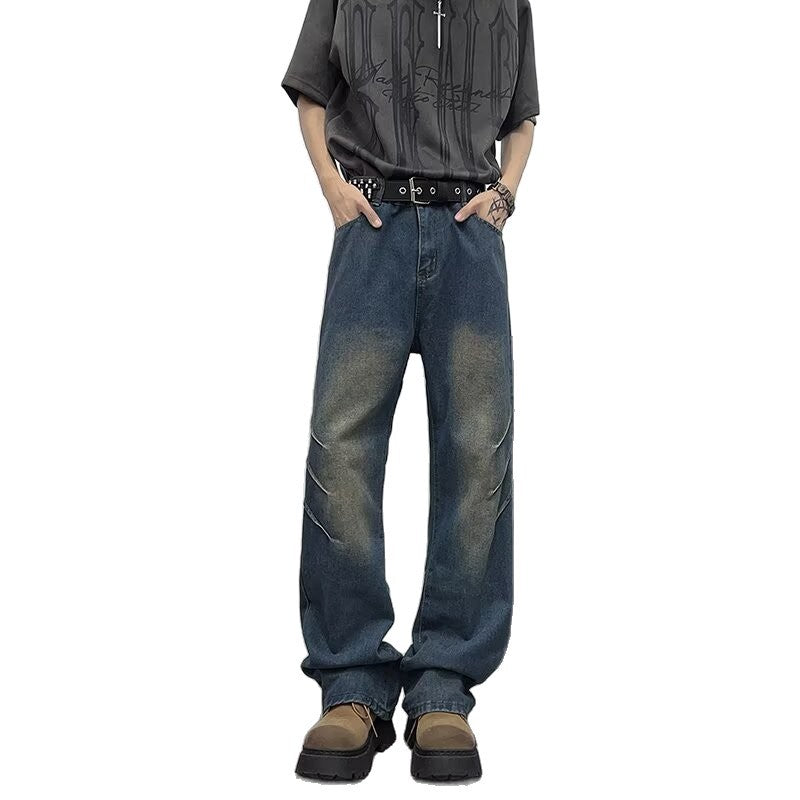 Blue Washed Pleated Gradient Curved Knife Jeans