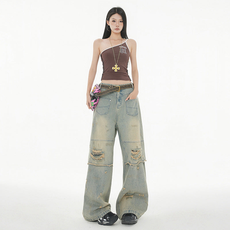Women's Ripped Distressed Slim Floor-Length Wide-Leg Denim Jeans