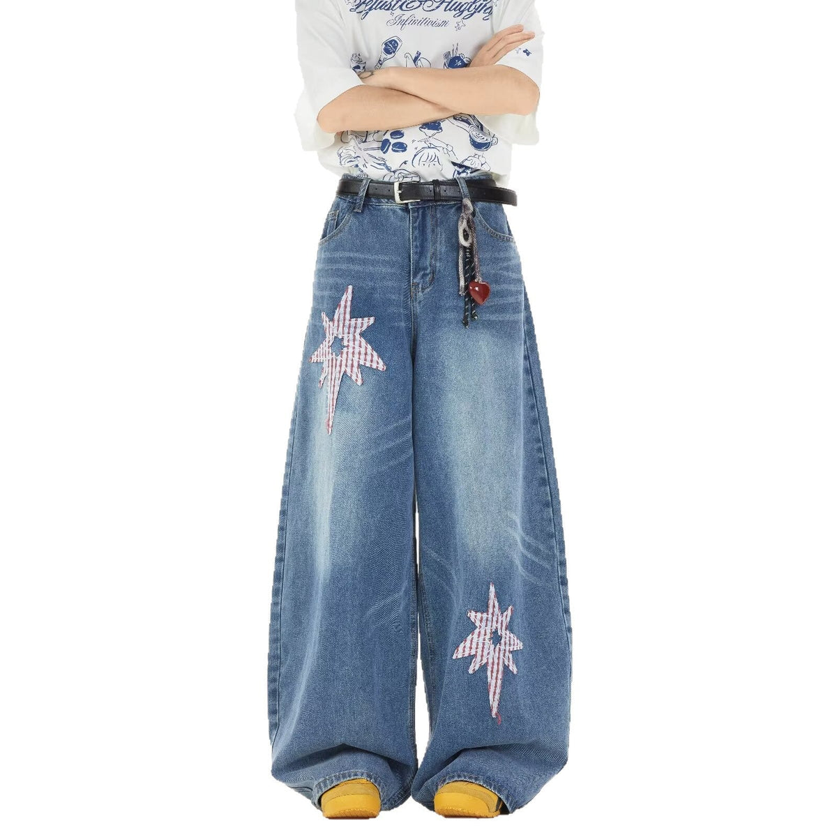 Star Patch Embroidered Denim Wide Legged Casual Pants