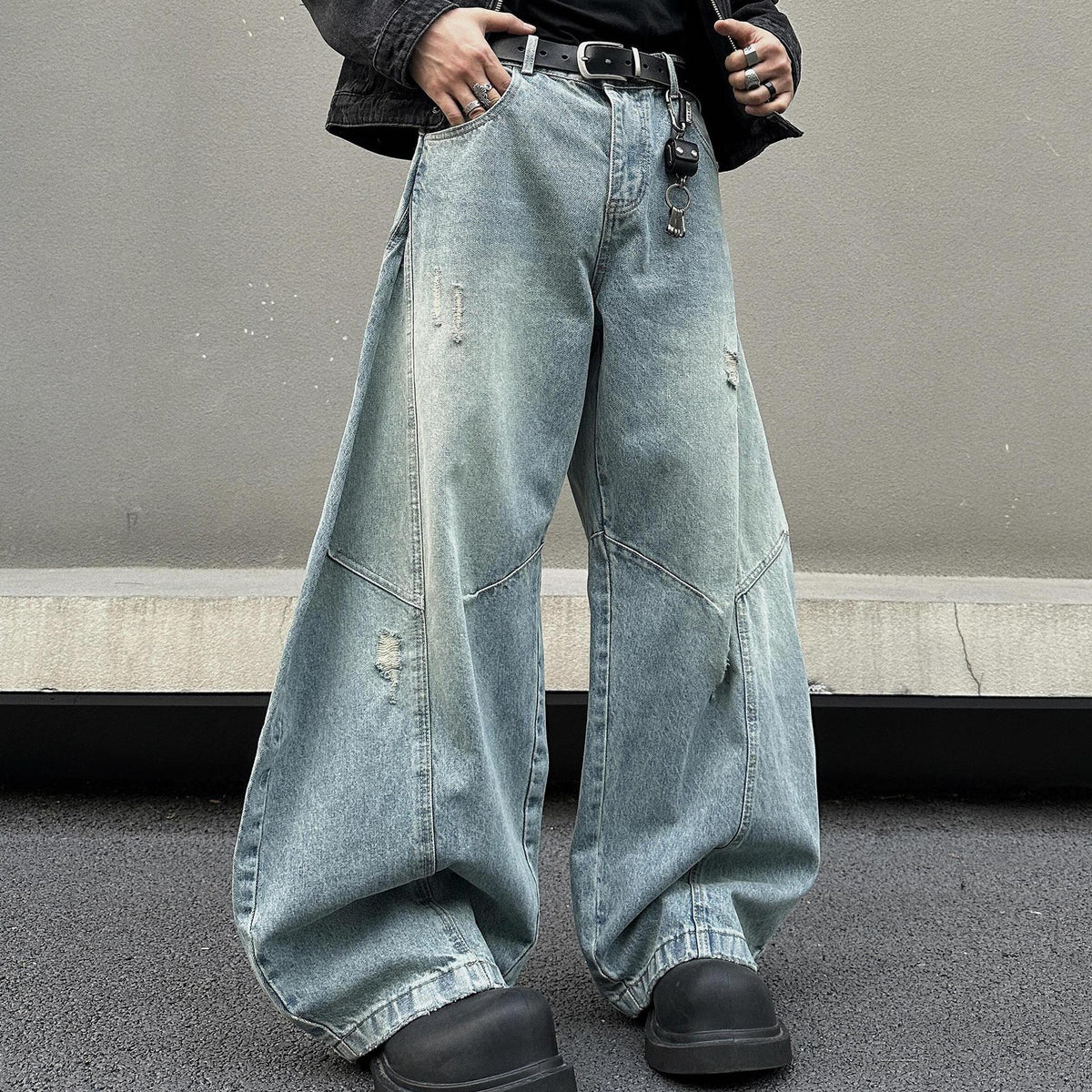 Semi Elastic Waist Ripped Casual Wide Leg Pants