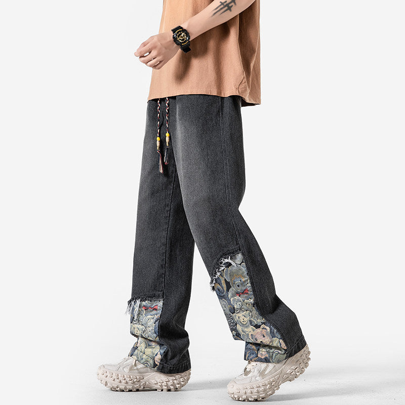 Bear Spliced Denim Pants - Men's Rugged Workwear Straight Leg Trousers