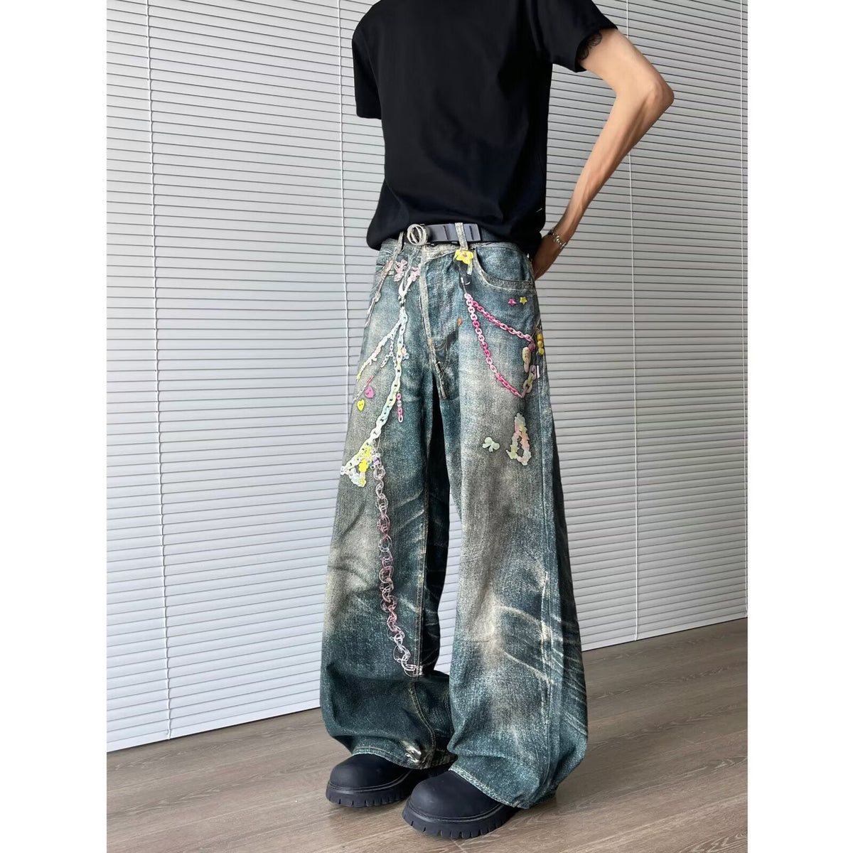 Chain Printed Denim Wide Leg Pants for Men