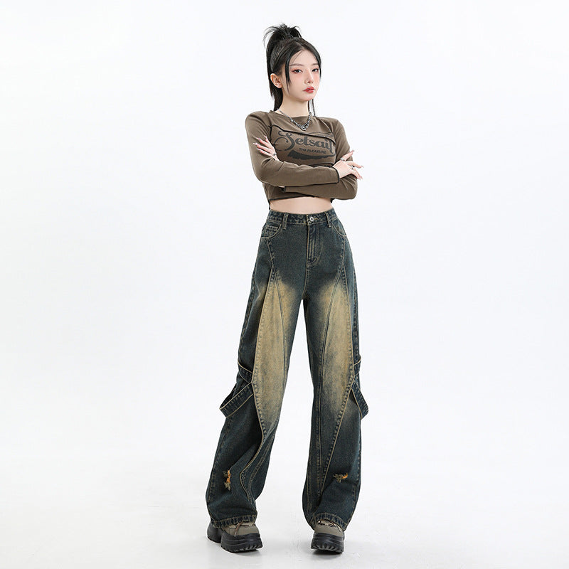 Women's High Waist Loose Fit Denim Pants - Wide Leg Style