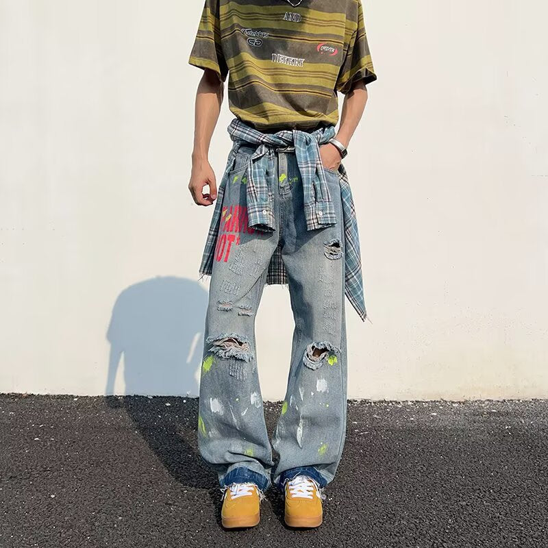 Washed Graffiti Ripped Jeans - Loose Wide Leg Pants