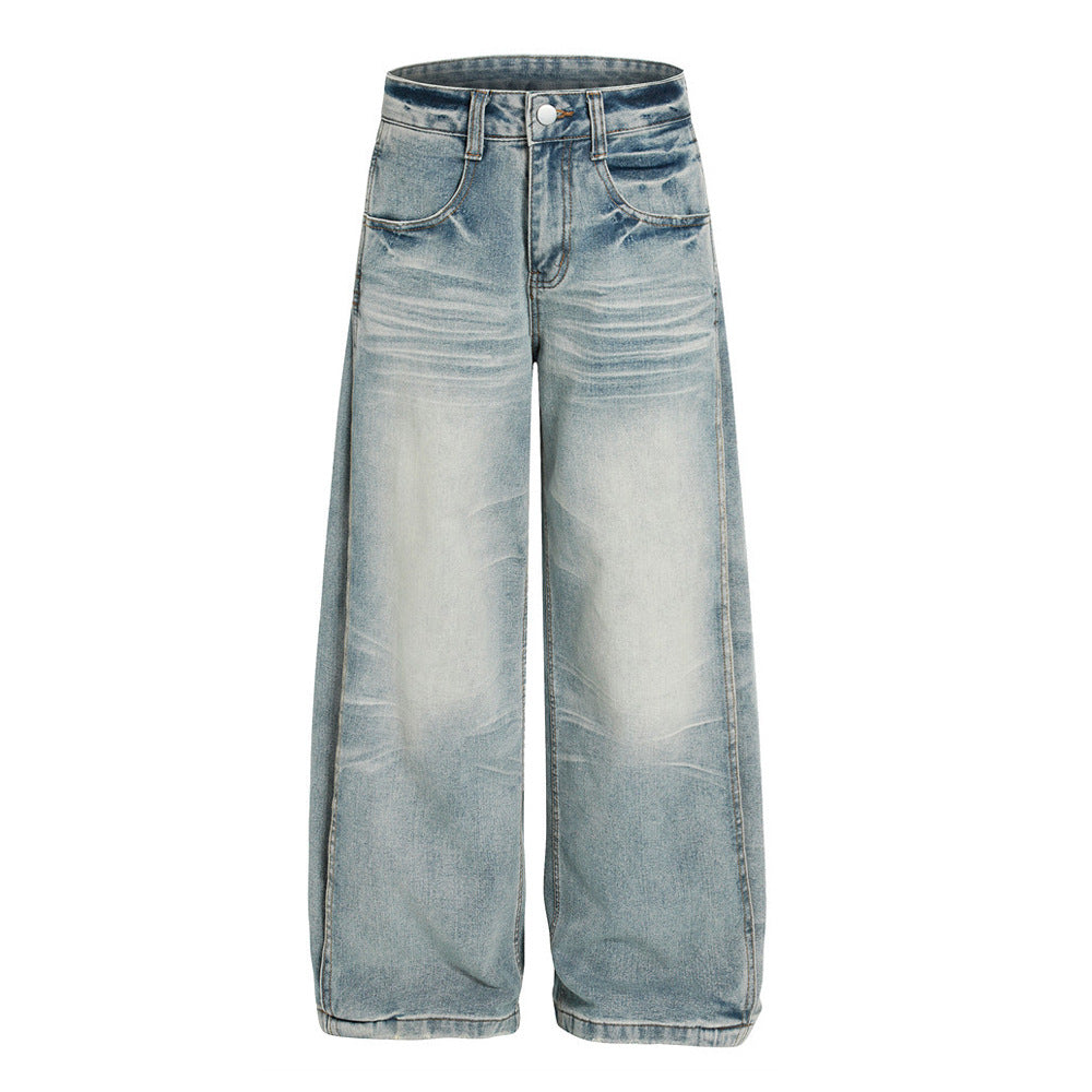 Punk Washed Gradient Wave Pattern Denim Pants - Men's Loose Wide Leg Jeans