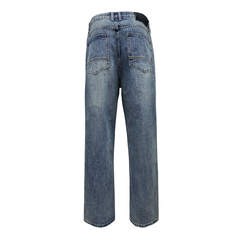 Washed Blue Wide-leg Straight Jeans