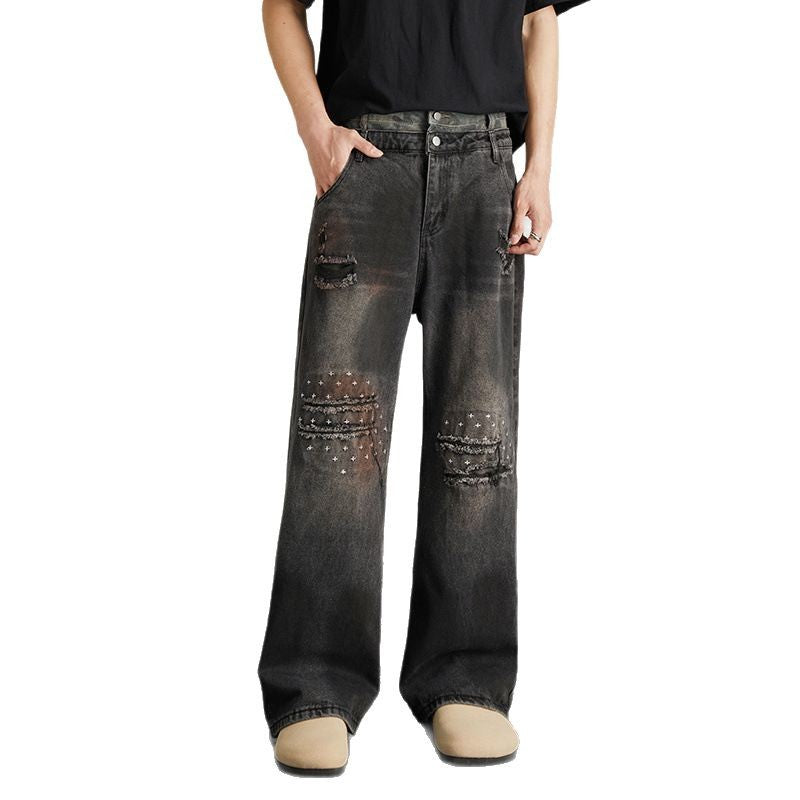 Vintage Niche Ripped Straight Leg Washed Denim Jeans