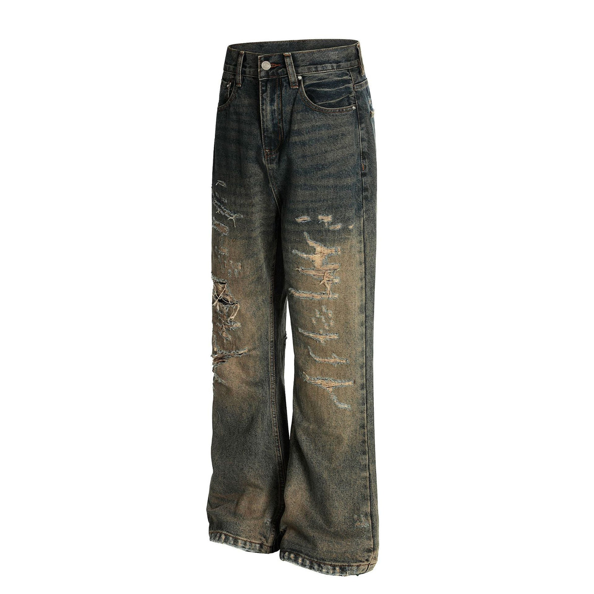 Washed Dirty Dyed Denim Straight Leg Micro Flared Pants