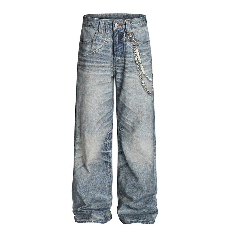 Chain Pendant Printed Jeans for Men - Summer Loose Straight Leg Wide Leg Pants