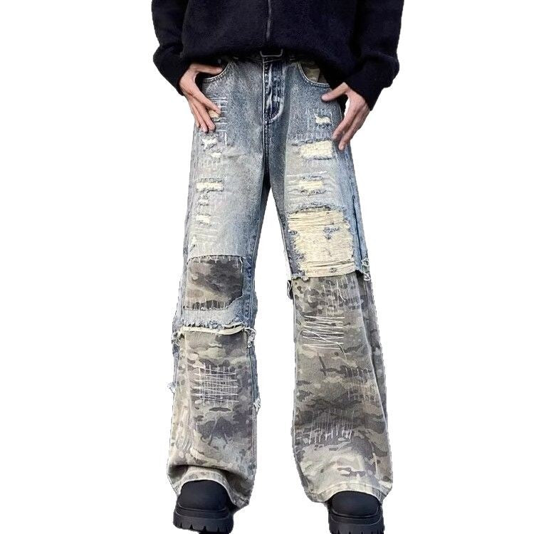 Camouflage Fashion Destructive Micro Lacquer Work Clothes Jeans