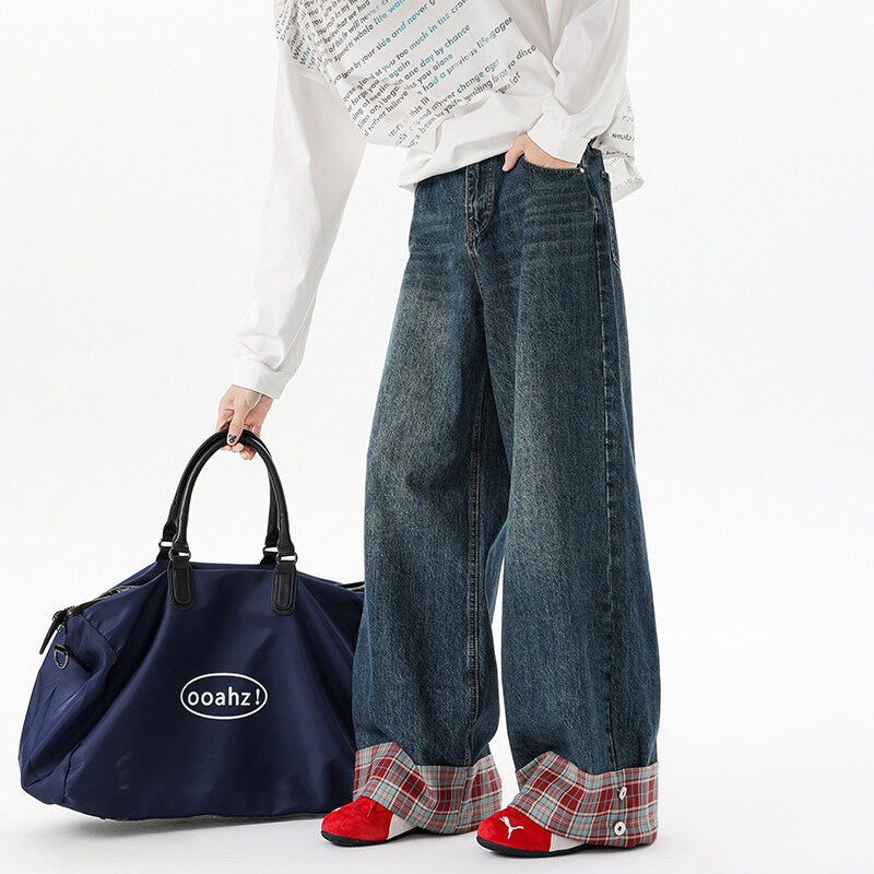 Washed Dark Blue Plaid Cuffed Denim Pants - Luxury Streetwear