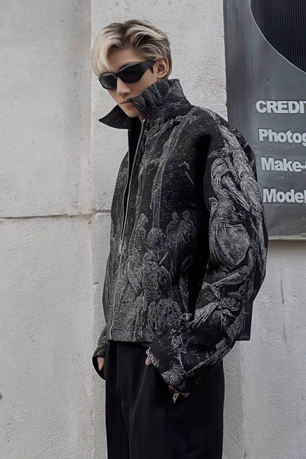 Avant-Garde Oversized Blazer - Textured Jacquard for Dark Fashion