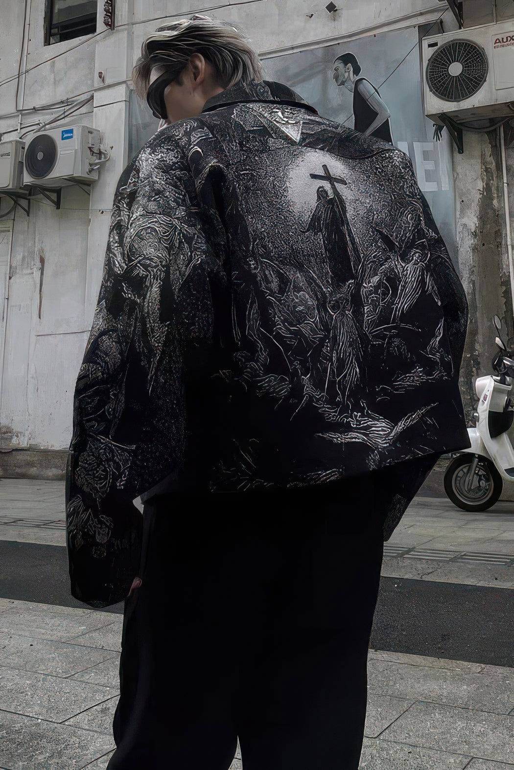 Avant-Garde Oversized Blazer - Textured Jacquard for Dark Fashion