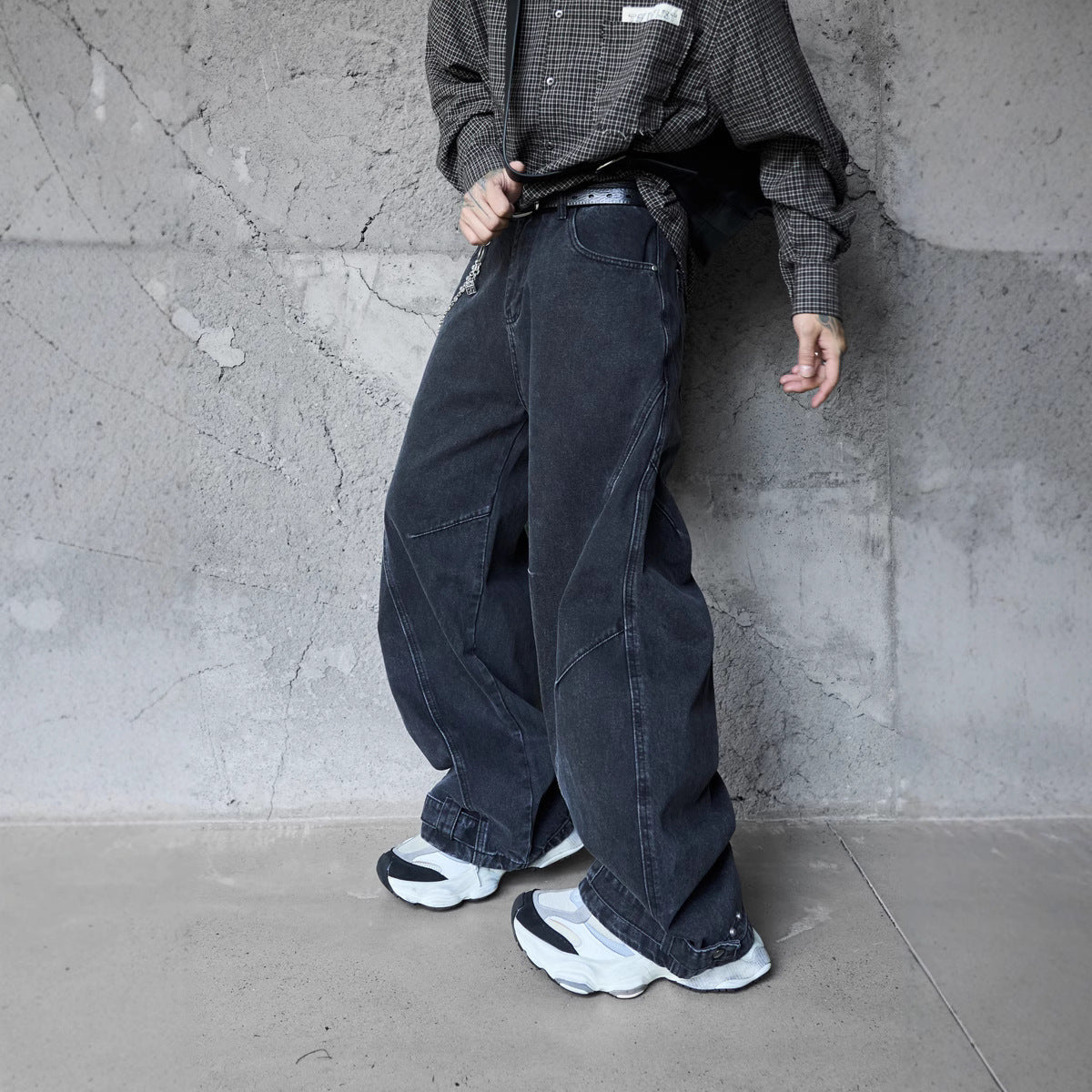 Washed Deconstructed Knife-Edge Denim Pants - Unisex Black Wide Leg Pants