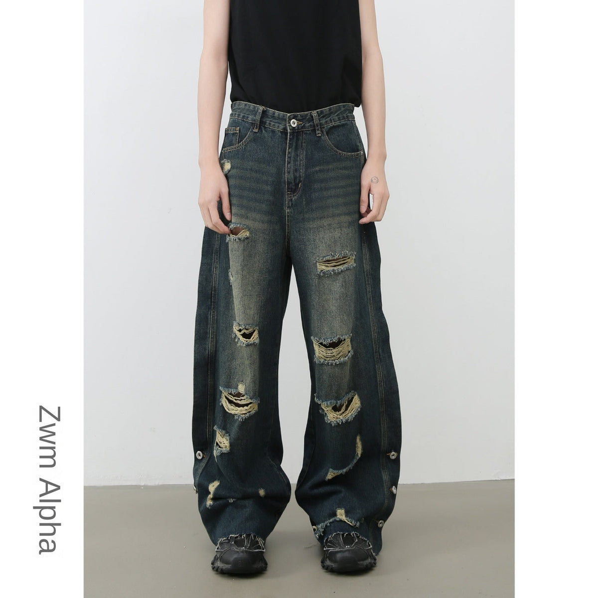 Denim Frayed Hem Washed Wide-Leg Jeans for Men