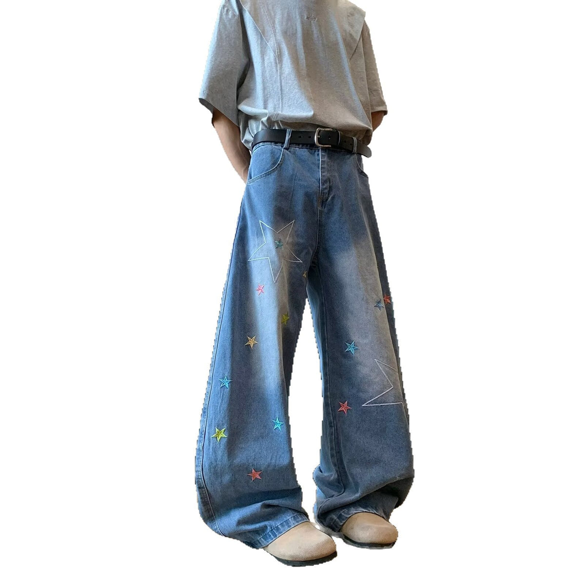 Star Embroidered Curved Knife Jeans for Men