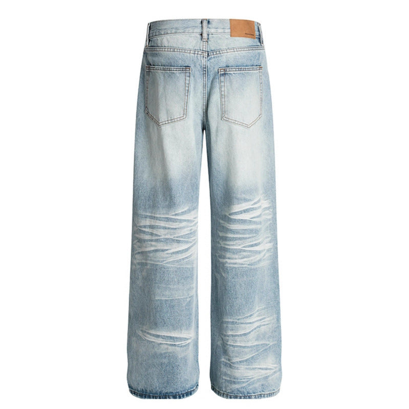 Washed Scratched and Ground White Straight Leg Jeans