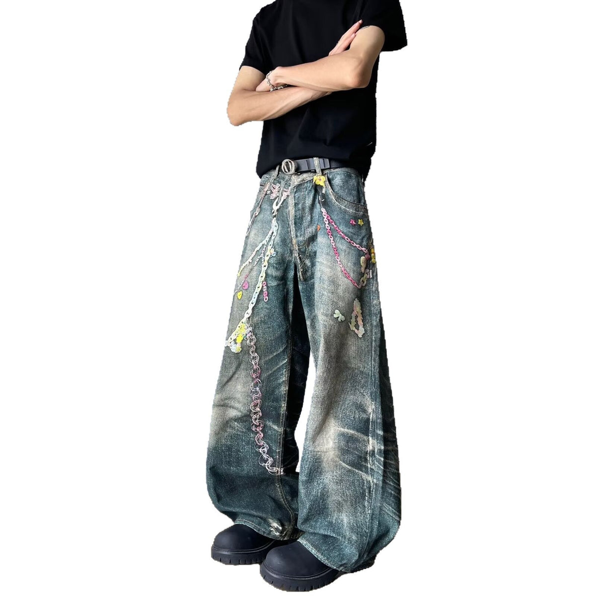Chain Printed Denim Wide Leg Pants for Men