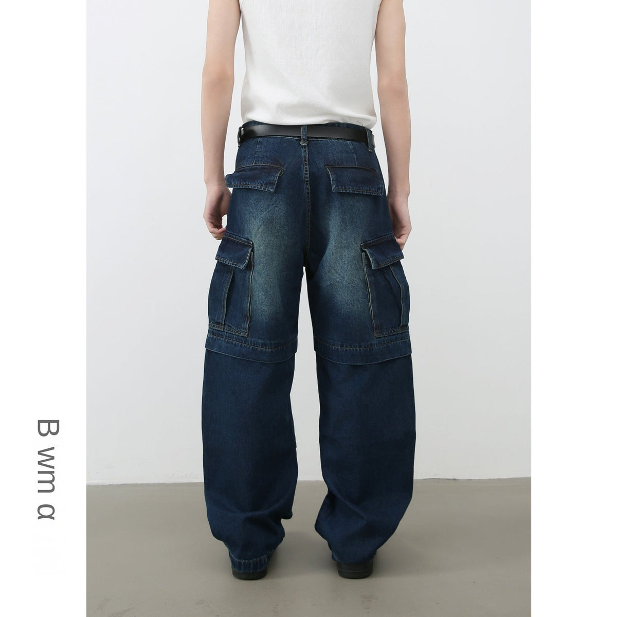 American Style Washed Patchwork Multi-Pocket Loose Straight Leg Jeans for Men