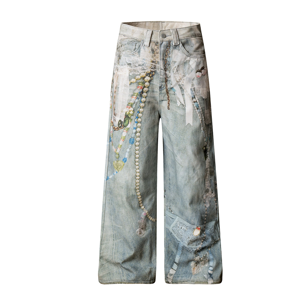 Printed Washed Denim Pants with Loose and Wide Legs